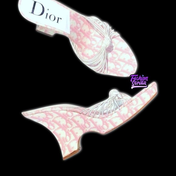 DIOR Vintage John Galliano Pink White Monogram Logo Trotter Platform Sandal Heel - Picture 14 of 14
